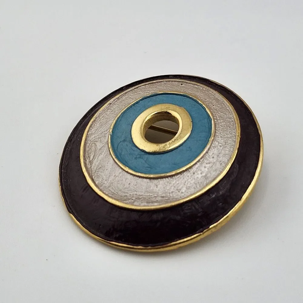 Vintage Brown‎ And Turquoise On Gold Tone Circle Brooch Pendant